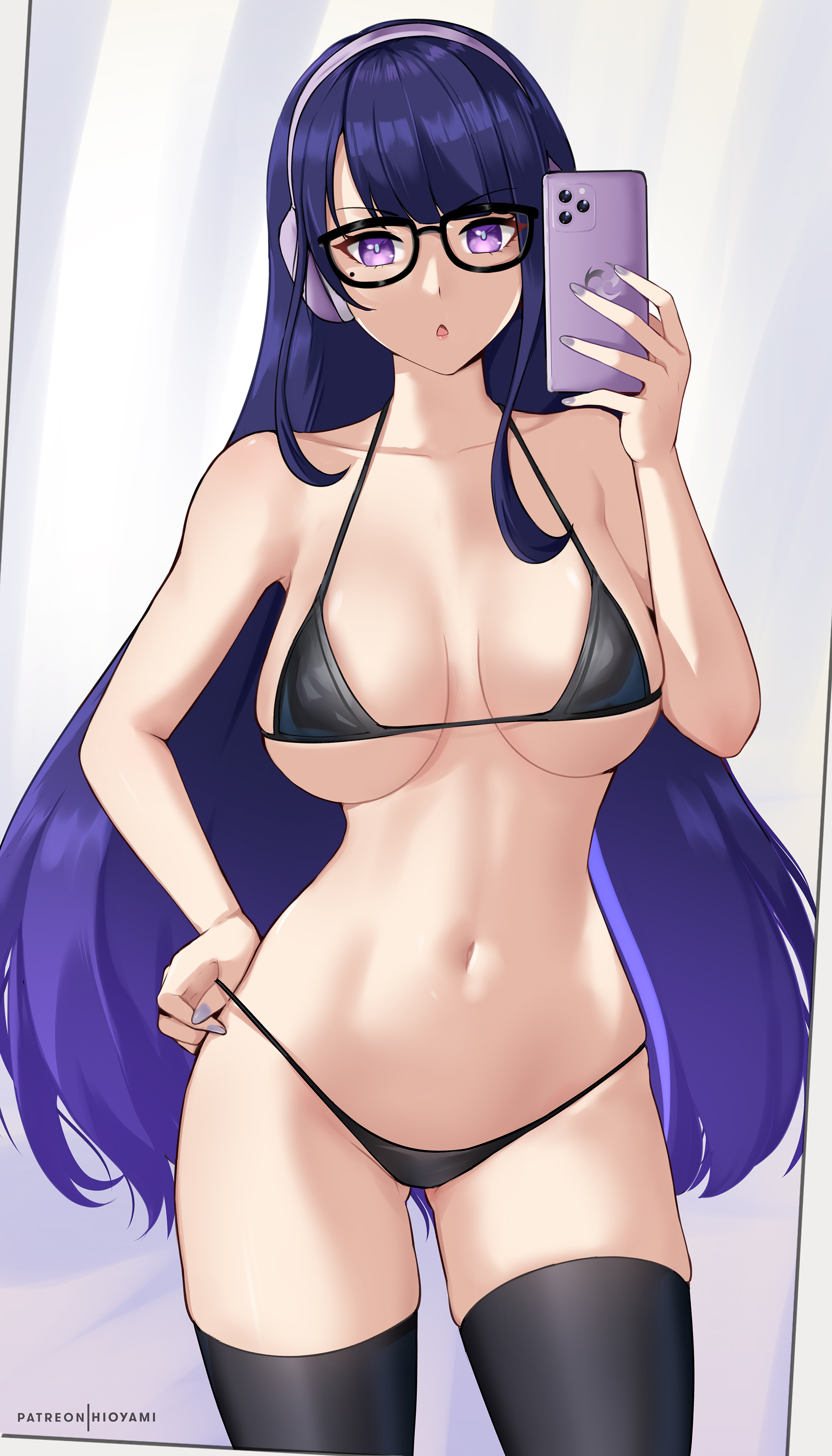 1girls, bikini, black bikini, breasts, female, genshin impact, glasses, hioyami, hips, holding object, large breasts, long hair, phone, purple eyes, purple hair, raiden shogun, selfie, slim waist, thick thighs, thighs, wide hips