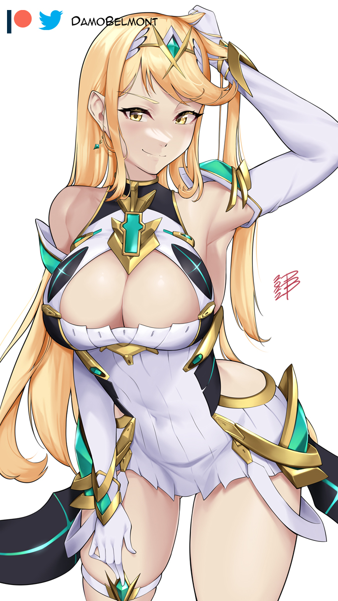 1girls arm_behind_head armpits artist_name big_breasts blonde_hair breasts busty cleavage covered_navel damodar dress female female_only hand_on_leg hand_on_own_leg hand_on_own_thigh hand_on_thigh highres large_breasts leaning_forward legs long_hair looking_at_viewer mythra pose sensual smile solo thick_thighs thighs voluptuous xenoblade_(series) xenoblade_chronicles_2 yellow_eyes