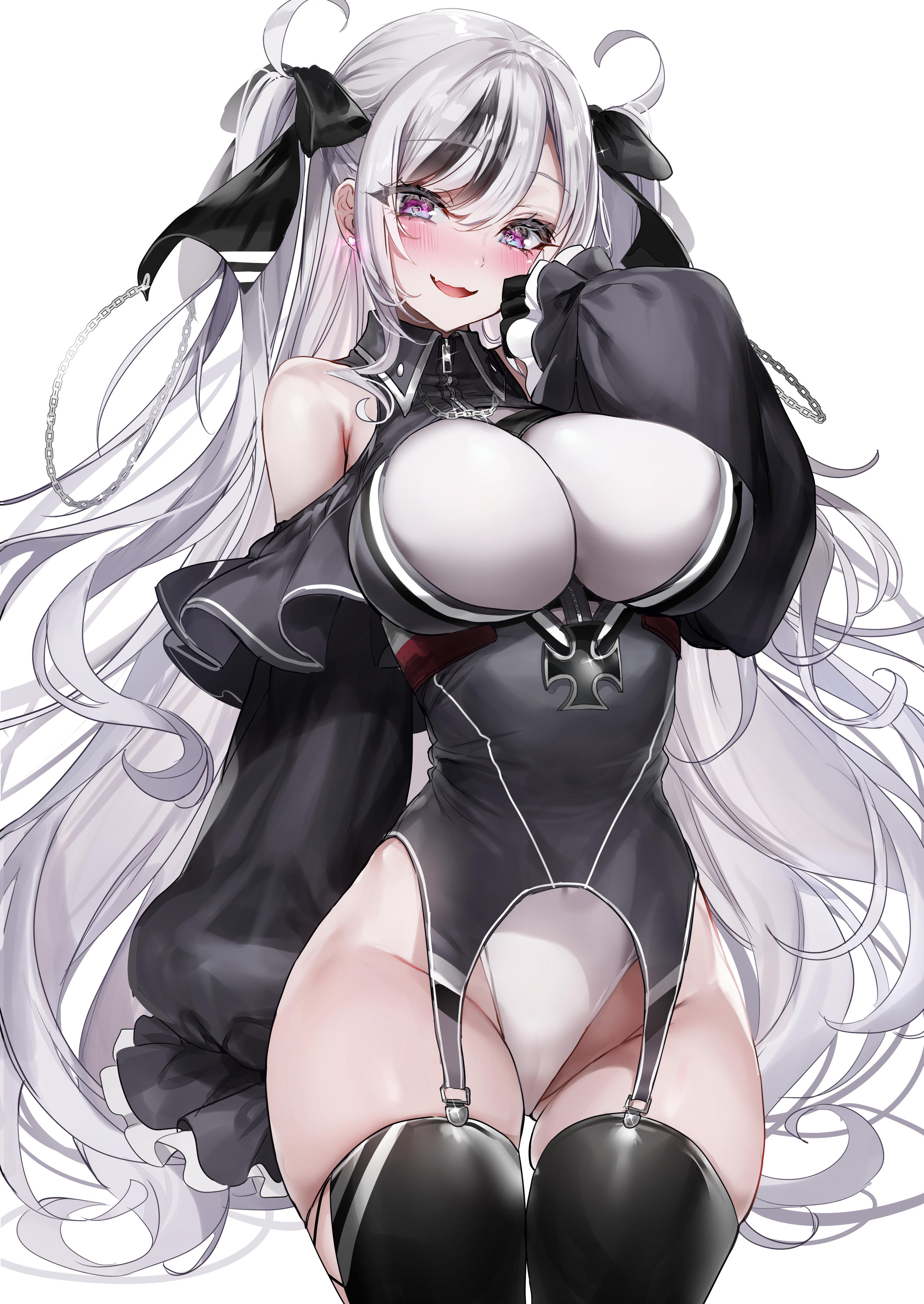 @ @, 1girls, azur lane, bangs, bare shoulders, black hair, black headwear, black legwear, black ribbon, blush, breasts, bustier, cameltoe, chains, clothing, corset, deep skin, elbe (azur lane), female, garter straps, hair ornament, hair ribbon, high resolution, highleg, highleg leotard, huge breasts, iron blood (azur lane), iron cross, large breasts, legwear, leotard, light skin, light-skinned female, lingerie, long hair, long sleeves, multicolored hair, nekometaru, oerba yun fang, official art, open mouth, puffy long sleeves, puffy sleeves, purple eyes, pussy, ribbon, silver hair, skin fang, skindentation, skintight, smile, smug, solo, streaked hair, thick thighs, thighhighs, thighs, two side up, underbust, very high resolution, white hair, white leotard