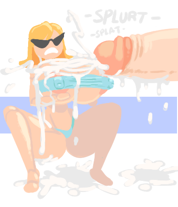 1girls, artist request, big breasts, blonde hair, breasts, cum, female, figurine, knick knack, male, partial male, penis, squatting, sunny miami