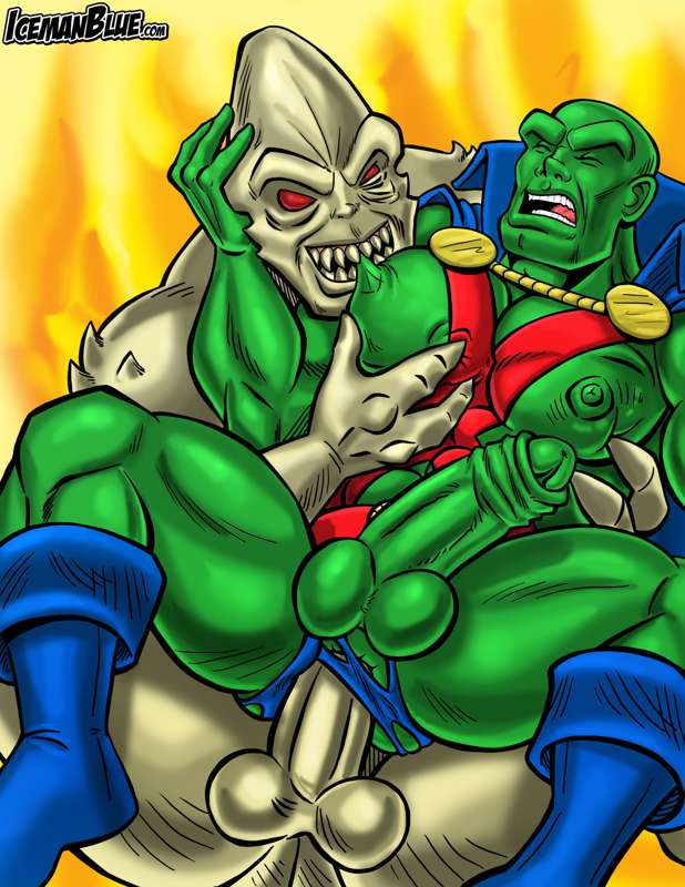 alien bald dc dc_comics gay gay_sex green_skin icemanblue male male_only martian_manhunter nipple_biting pecs