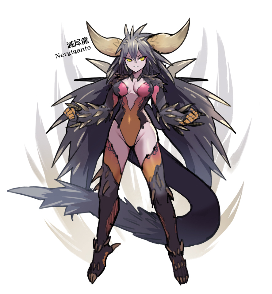2022, bare thighs, black hair, breasts, capcom, d716e, dragon girl, dragon wings, female, gijinka, horns, monster girl, monster hunter, nergigante, tagme, tail, yellow eyes