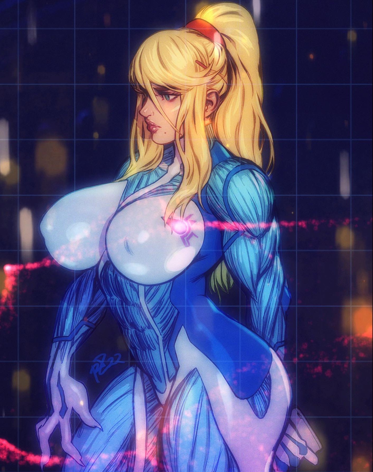 1girls blonde_hair bodysuit clothed huge_breasts human large_breasts lipstick metroid metroid_dread muscular muscular_female nails negarobo nintendo nipple_bulge ponytail robaato samus_aran tagme voluptuous zero_suit zero_suit_samus