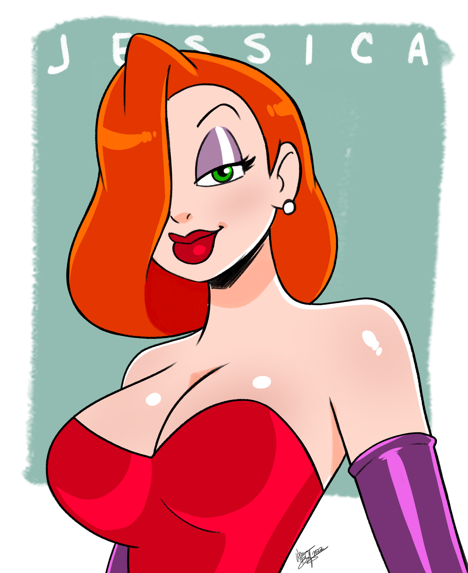 1girls, aeolus06, big breasts, big lips, breasts, busty, disney, earrings, eyeshadow, female, female focus, female only, green eyes, jessica rabbit, light skin, light-skinned female, lipstick, long gloves, non-nude, nonude, opera gloves, red hair, who framed roger rabbit
