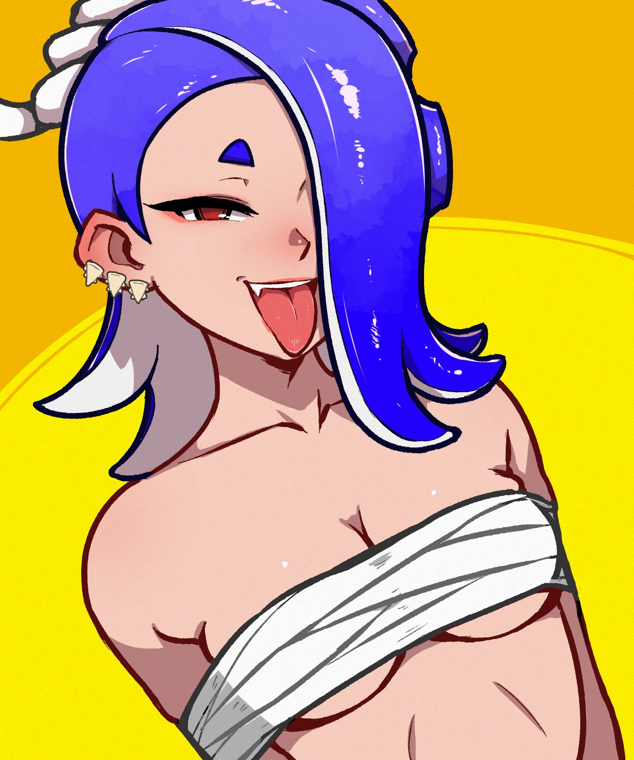 1girls, akairiot, bandages, blue hair, breast squeeze, breasts, cleavage, deep cut (splatoon), earrings, fangs, female, looking at viewer, octoling, octoling girl, one eye obstructed, red eyes, sarashi, shiver (splatoon), solo, solo female, splatoon, splatoon 3, tied arms, tied up, tongue, tongue out