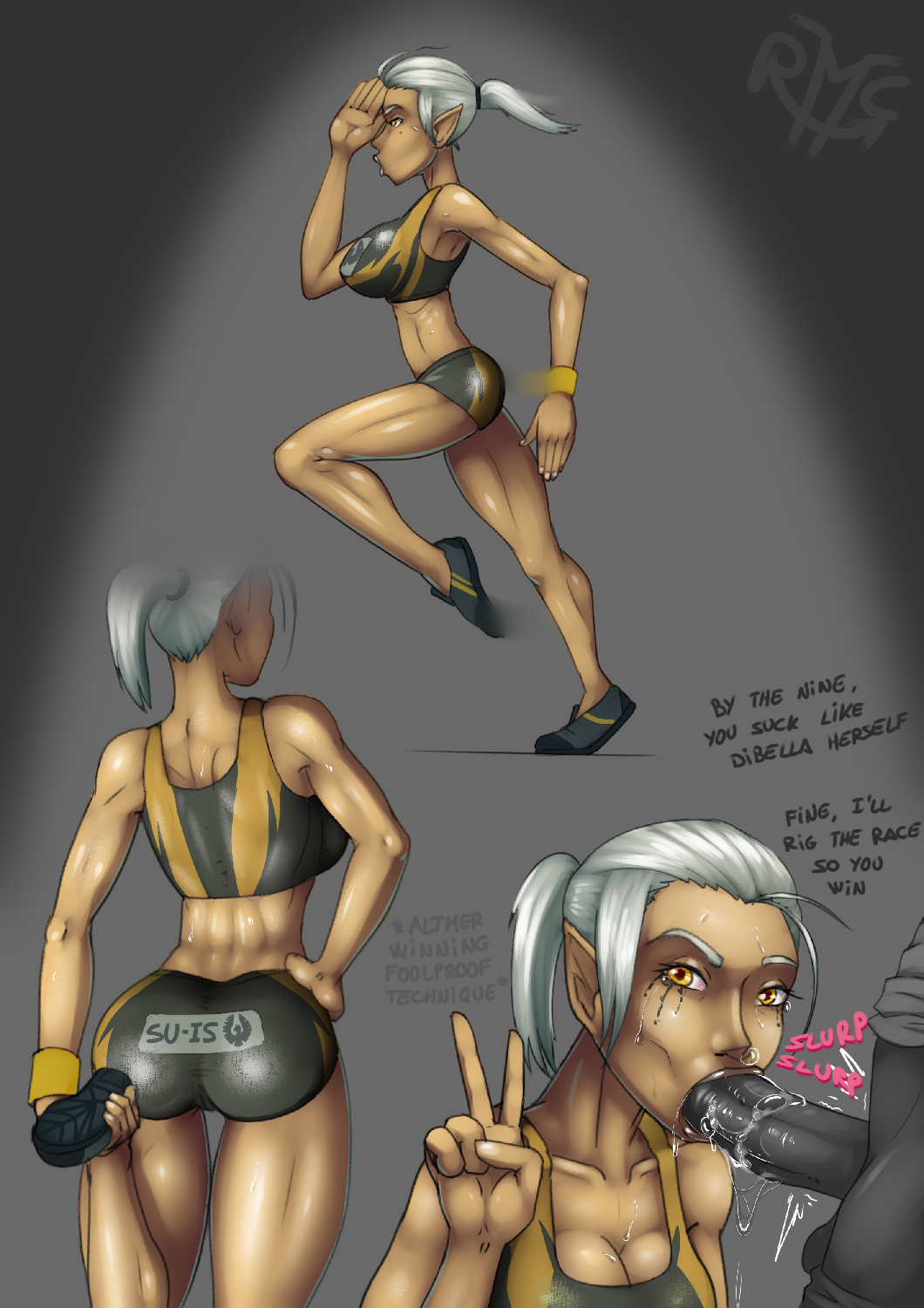 altmer ass ass blowjob dark-skinned_male dark_skin elf fellatio female high_elf interracial male oral oral_sex pointy_ears rmc running sex skyrim the_elder_scrolls tight_clothing track_and_field white_hair yellow_skin