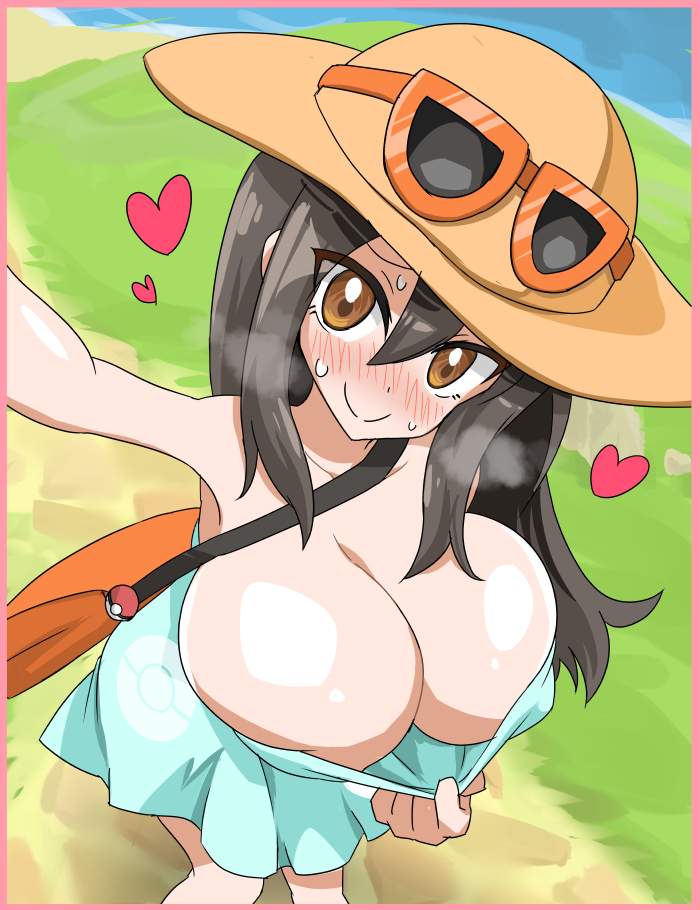 2022 bag big_breasts blush breasts brown_eyes brown_hair cleavage eyewear_on_head eyewear_on_headwear hat heart huge_breasts large_breasts looking_at_viewer nintendo no_bra npc_trainer oro_(zetsubou_girl) pokemon pokemon_sm selfie sightseer_(pokemon) smile sunglasses sunglasses_on_head sweat