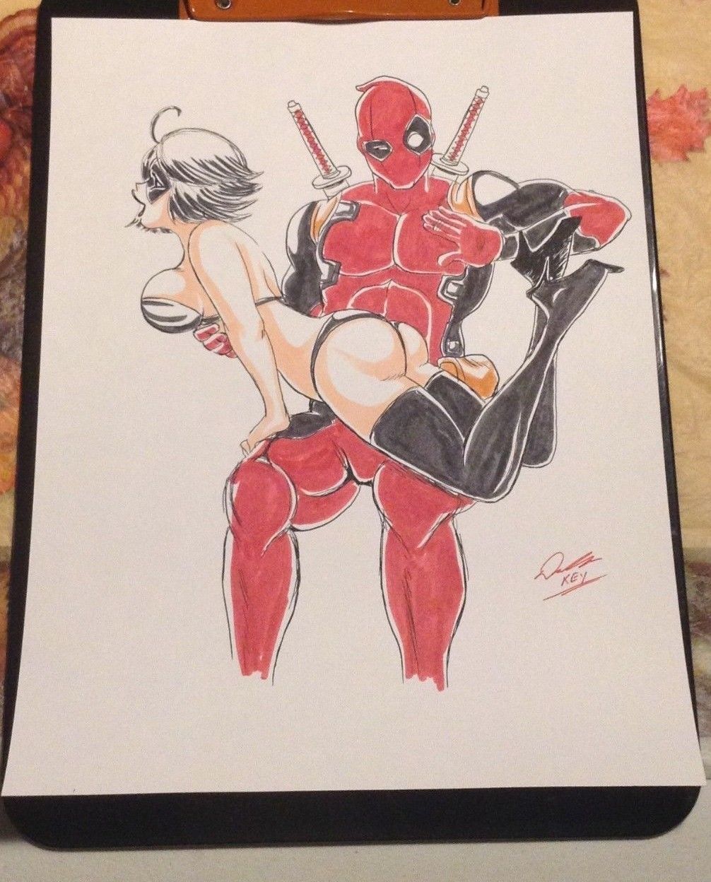 1boy 1girls big_breasts black_bikini dat_ass deadpool derek_lora_griffin domino_(marvel) happy_sub left-handed maledom marvel marvel_comics neena_thurman over_the_knee_spanking spanking stripper_boots x-force x-men