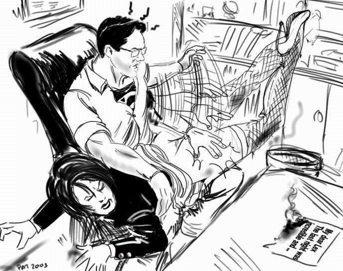 1boy 1girls 1male 2003 2d afterimage angry canon_couple cheating_wife daily_planet dc_comics desk feet_up fishnets glasses greyscale high_heels indoors left_handed lois_lane married_couple no_panties office office_chair office_lady over_the_knee_spanking pumps punished skirt_lift skirt_up spanking stockings superman superman_(series)