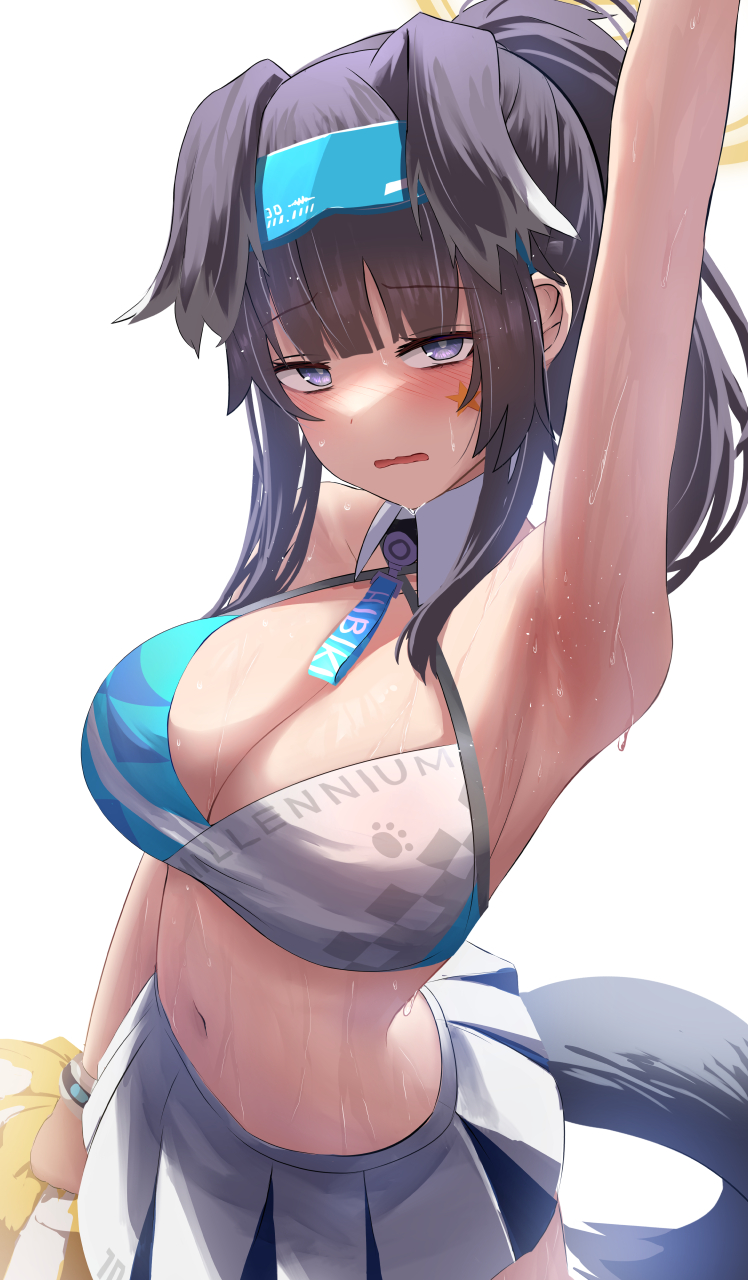 1girls arm_up armpits black_hair blue_archive blue_eyes blush breasts cheerleader cheerleader_uniform dog_ears dog_girl embarrassed engineering_department_(blue_archive) female hibiki_(blue_archive) hibiki_(cheerleader)_(blue_archive) holding_object huge_breasts kemonomimi large_breasts long_hair millennium_cheerleader_outfit_(blue_archive) millennium_science_school_student navel pom_poms ponytail silver_bullet silver_bullet_(ecc12_8) simple_background sunglasses sunglasses_on_head sweat sweaty_body tail