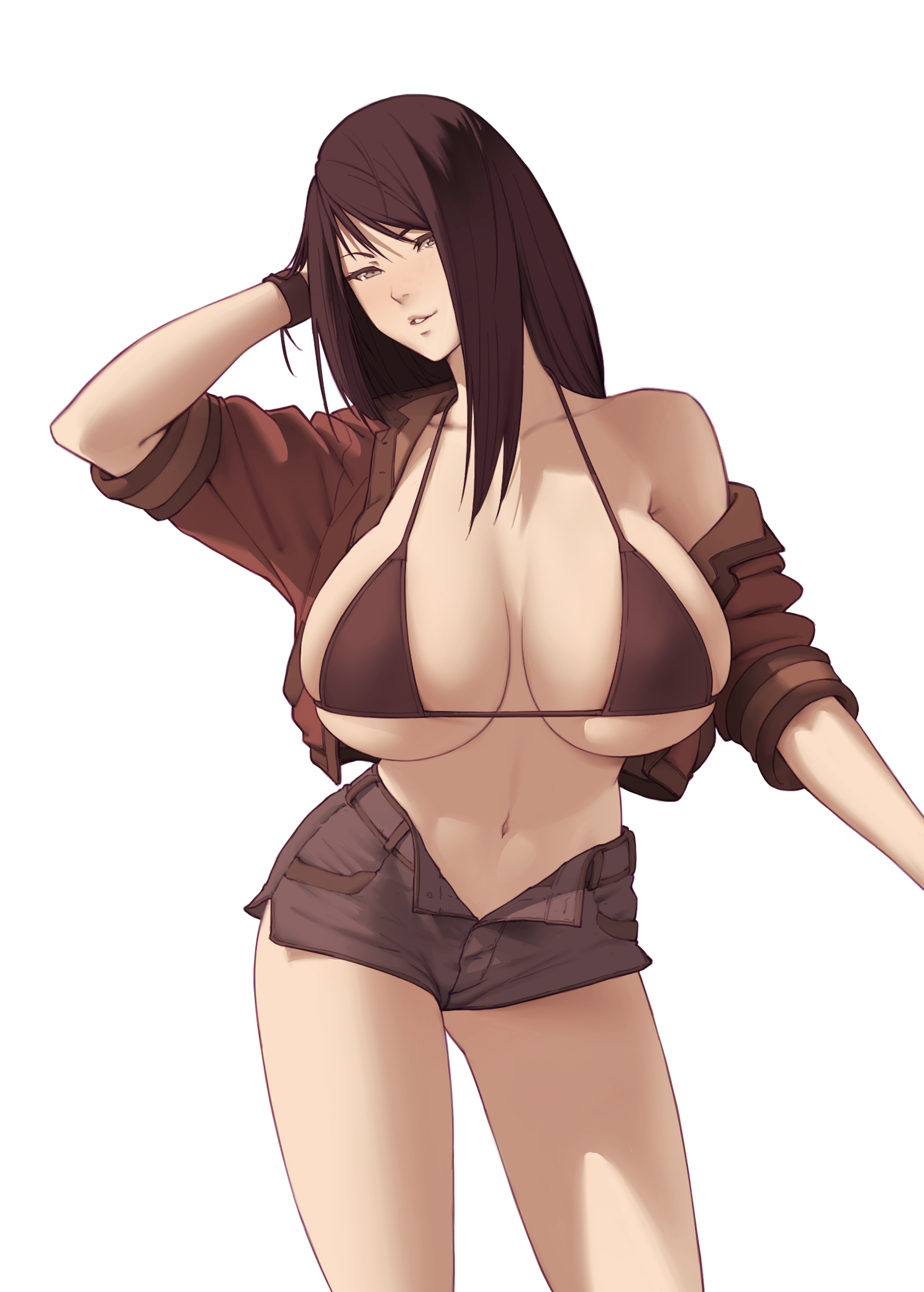 1girls, bare legs, bikini top, booty shorts, breasts, brown hair, female, huge breasts, jean shorts, kuroneko pantsu, light skin, light-skinned female, long hair, naughty face, oc, open shorts, original character, short shorts, shorts, simple background, suggestive look, thighs