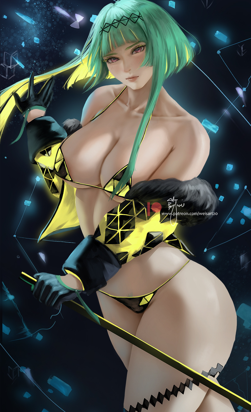 1girls artificial_intelligence atlus big_breasts bikini breasts busty clothing curvaceous curvy curvy_body curvy_female curvy_figure female female_focus green_hair gynoid handwear huge_breasts humanoid large_breasts machine megami_tensei outerwear pale_skin ringo_(soul_hackers) robot soul_hackers soul_hackers_2 swimwear voluptuous weapon weisart