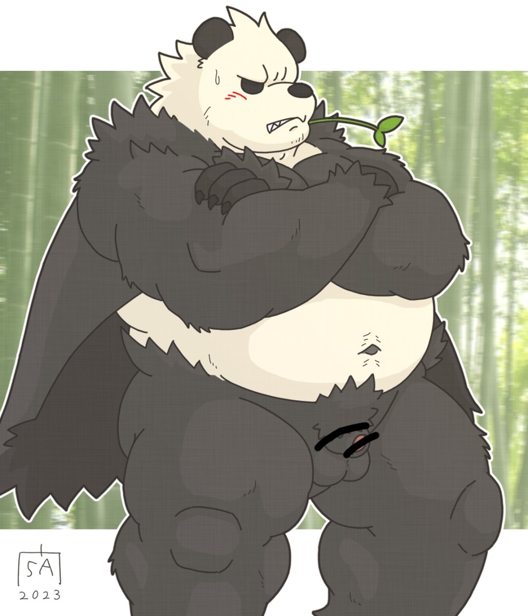 2023 anthro balls bamboo bara barazoku belly big_belly black_body black_nose blush bodily_fluids cute_fangs flaccid generation_6_pokemon genitals goyemon_k hi_res humanoid_hands kemono leaf male navel nintendo overweight overweight_male pangoro penis pokémon_(species) pokemon pokemon_(species) small_penis solo sweat white_body