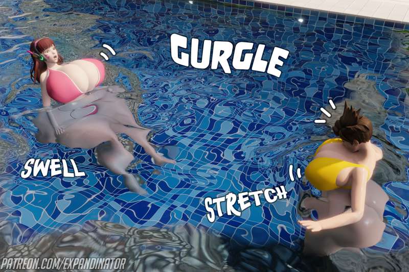 2girls 3d absorbant_expansion alternate_breast_size ass_expansion blizzard_entertainment breast_expansion d.va expandinator female female_only huge_ass huge_breasts hyper_breasts multiple_girls overwatch pool swimsuit thick_thighs tracer