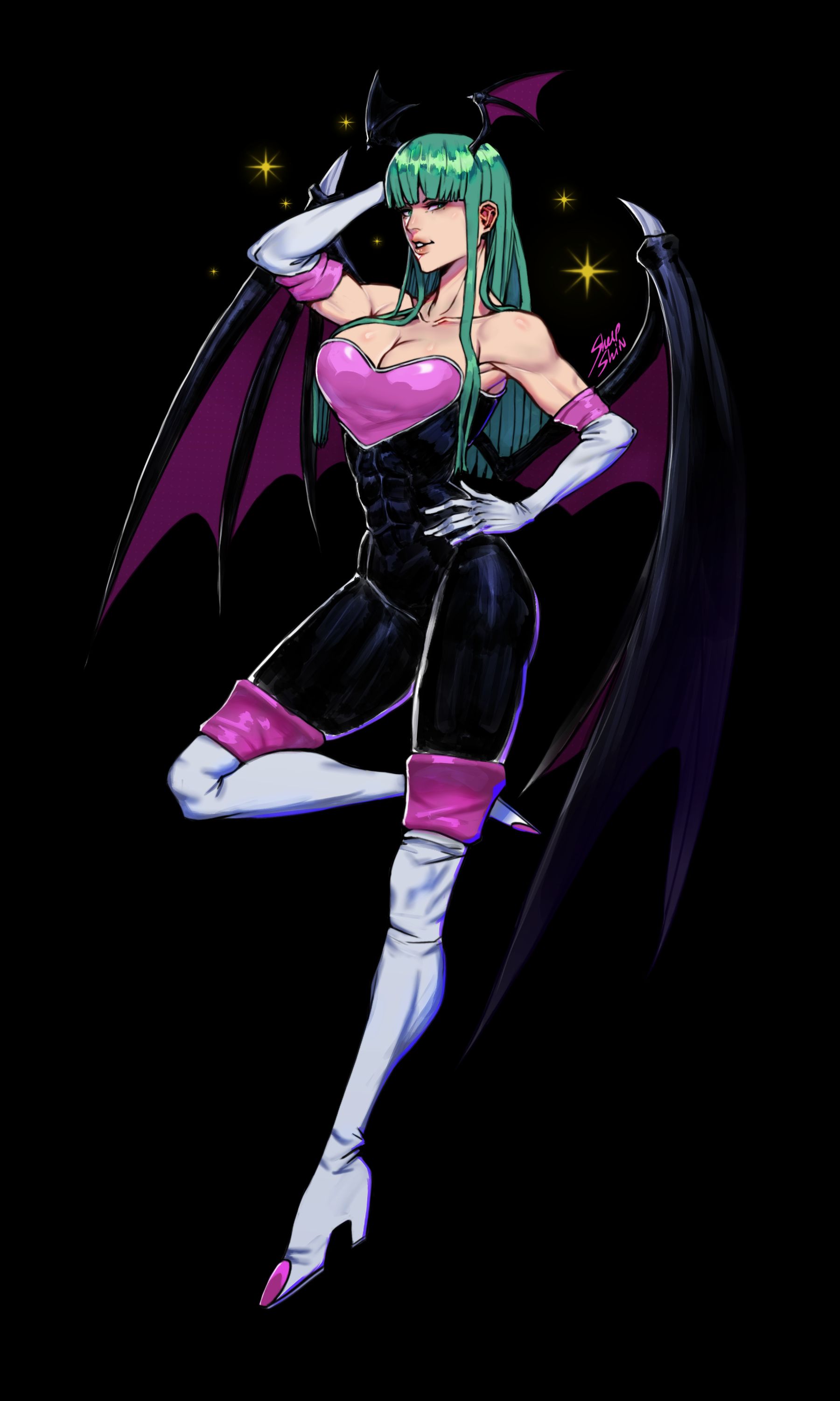 1girls, abs, abs visible through clothing, arm gloves, bangs, big breasts, black background, blunt bangs, breasts, capcom, cleavage, clothing, cosplay, darkstalkers, demon, demon wings, female, female only, full body, green eyes, green hair, hand behind head, hand on hip, head wings, high heel boots, huge breasts, large breasts, long hair, looking at viewer, medium breasts, morrigan aensland, narrowed eyes, rouge the bat (cosplay), sega, sheep shin, smug, solo, sonic (series), sonic the hedgehog (series), sparkles, succubus, thick thighs, toned, toned female, very high resolution, wings