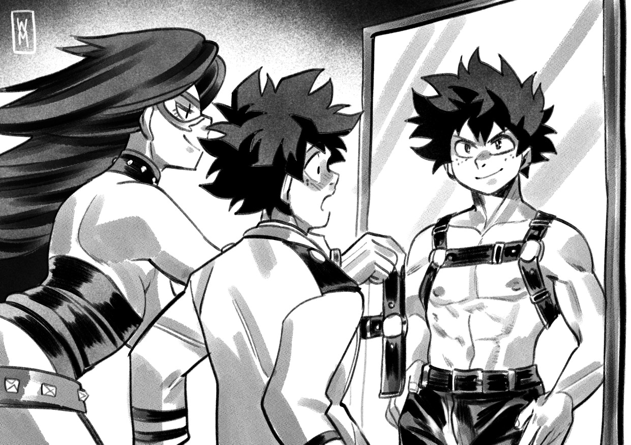 1boy, 1girls, blush, bondage gear, collar, confident smile, domination, female, gay, gay domination, gay male, harness, izuku midoriya, leather harness, male, mask, midnight (my hero academia), mirror, my hero academia, nemuri kayama, school uniform, smirk, wildmage, yaoi