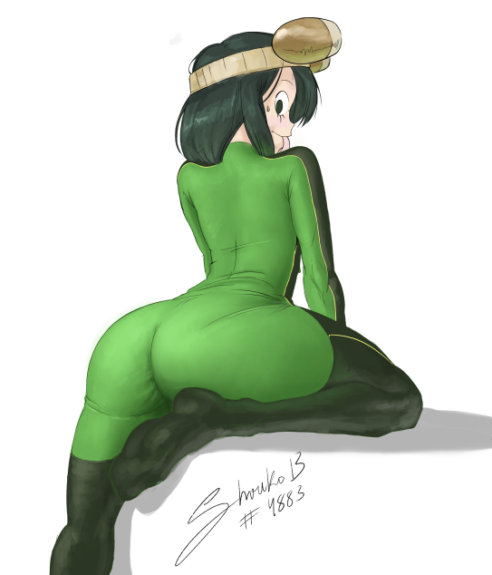 1girls ass big_ass cartoony female female_only green_clothing green_hair hero_outfit_(mha) mhasses mhdrawin my_hero_academia skin_tight solo thighhighs tongue tongue_out tsuyu_asui