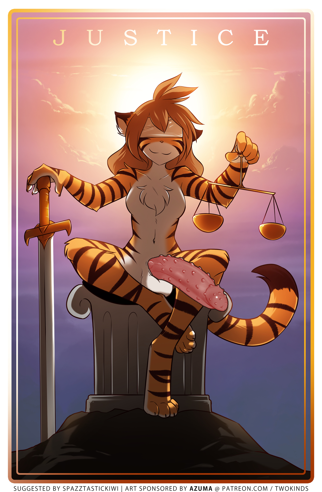 anthro bandage bandage_on_face bandage_over_eyes big_balls big_cock big_penis black_stripes brown_hair brown_nose brown_pawpads clawed_feet clawed_fingers clawed_toes claws flora_(twokinds) furry futa_only futanari giant_penis huge_balls huge_cock intersex justice justice_(tarot) kalik orange_body orange_eyes orange_fur pawpads pink_penis scales statue statue_of_justice sword tiger twokinds twokindswierdo webcomic white_body white_fur