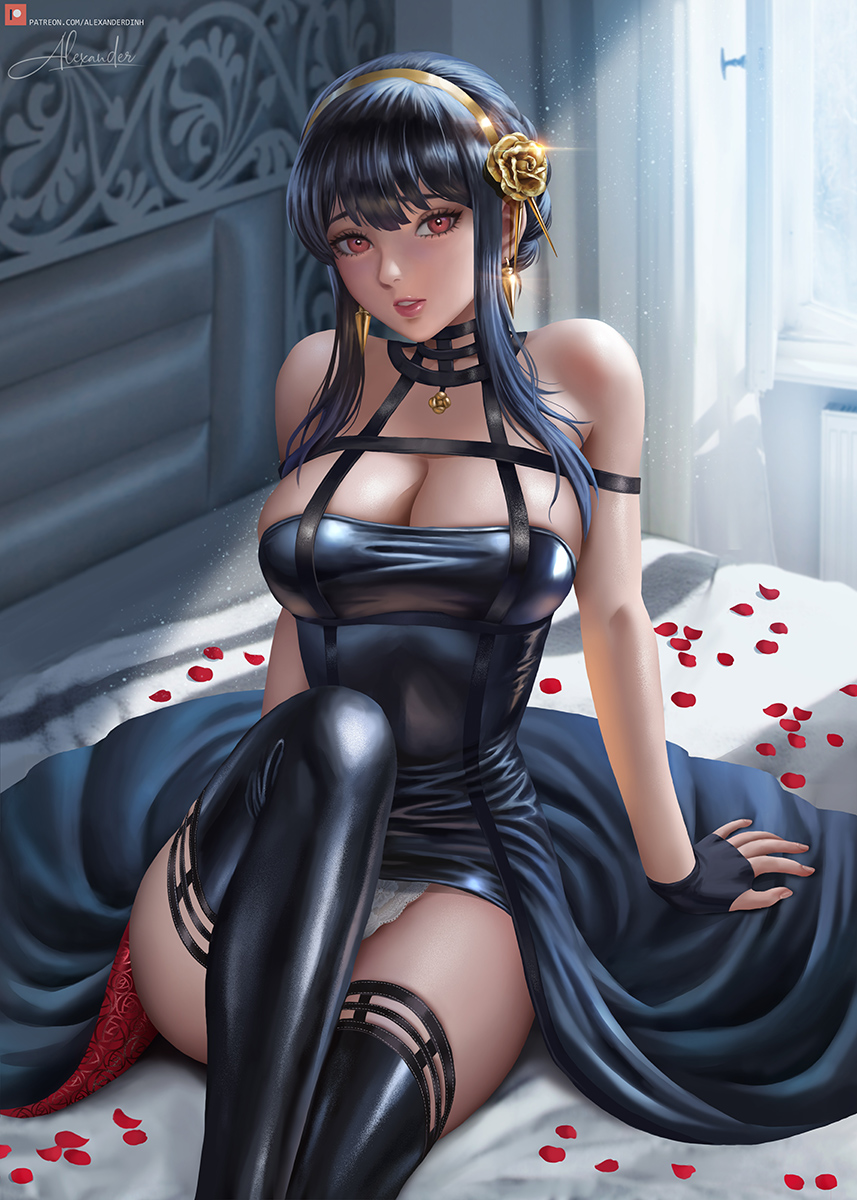 1girls, alexander dinh, assassin, big breasts, breasts, female, latex, shiny clothes, solo, spy x family, thorn princess, tight clothing, yor briar