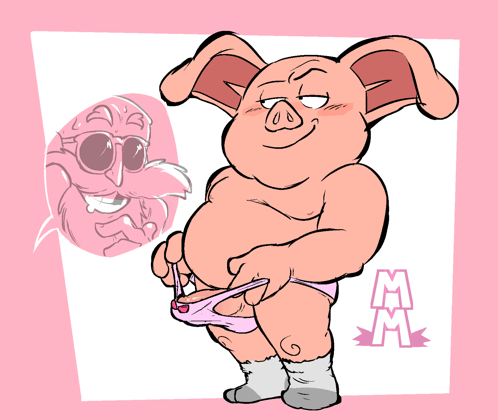 2022 anthro balls beard belly blush clothing domestic_pig dragon_ball duo erection eyewear facial_hair genitals hi_res human humanoid_genitalia humanoid_hands humanoid_penis male male_focus male_only mammal master_roshi moobs naughtybassard oolong oolong_(dragon_ball) overweight overweight_male panties penis suid suina sunglasses sus_(pig) torquewintress underwear