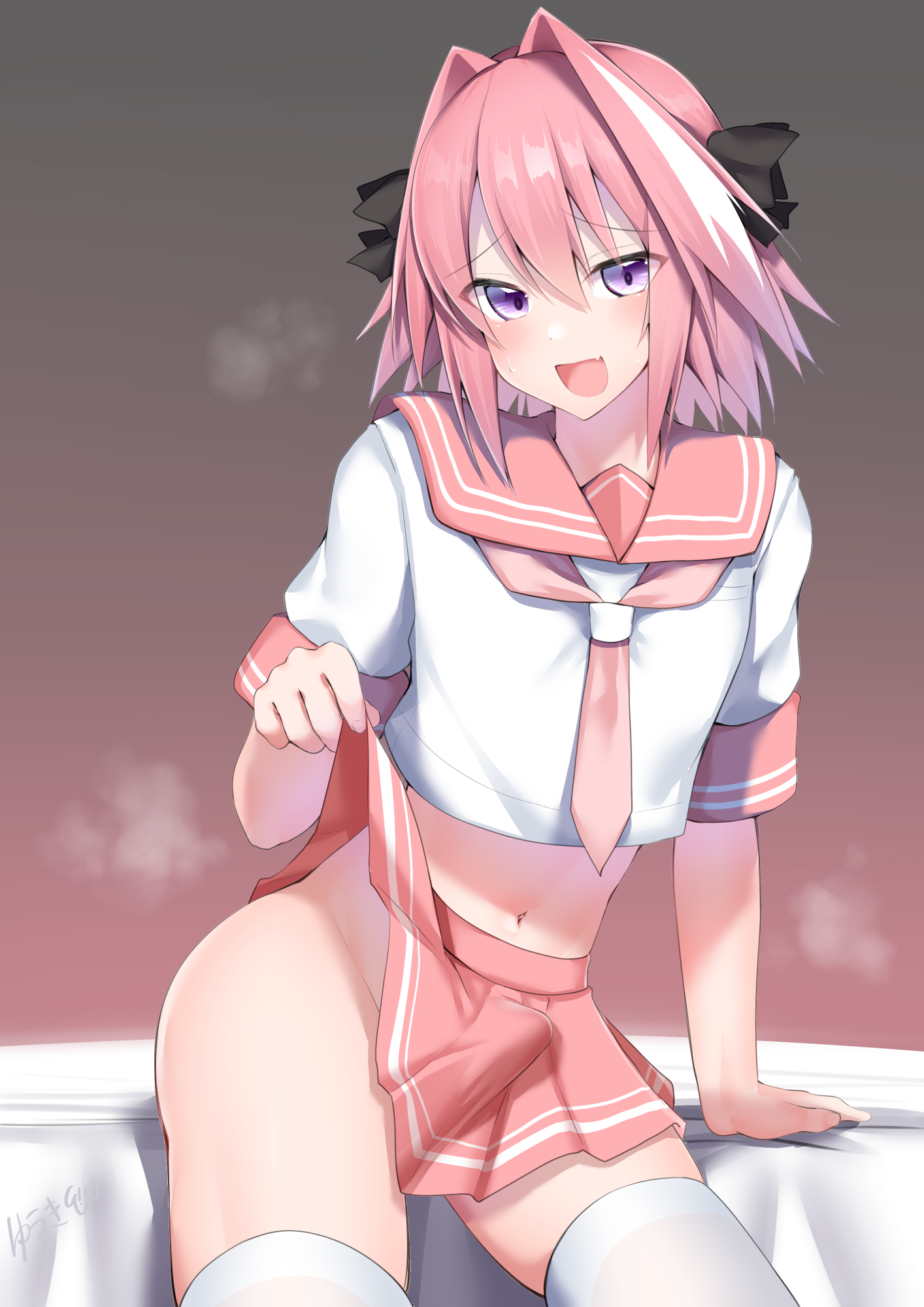 1boy, astolfo (fate), braided hair, bulge, bulge through clothing, canon crossdressing, crossdressing, erection, erection under clothes, eye contact, fate (series), fate/grand order, femboy, girly, hair ribbon, kitajima yuuki, legwear, looking at viewer, male, male only, penis, penis under clothes, penis under skirt, pink hair, purple eyes, skirt, solo, thighhighs, thighs