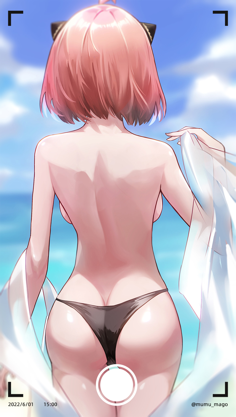 1girls, aged up, anya forger, ass, back view, backboob, beach, bikini, breasts, camera view, female, female only, hair ornament, light skin, light-skinned female, mumu mago, pink hair, short hair, sky, solo, spy x family, standing, thighs, topless