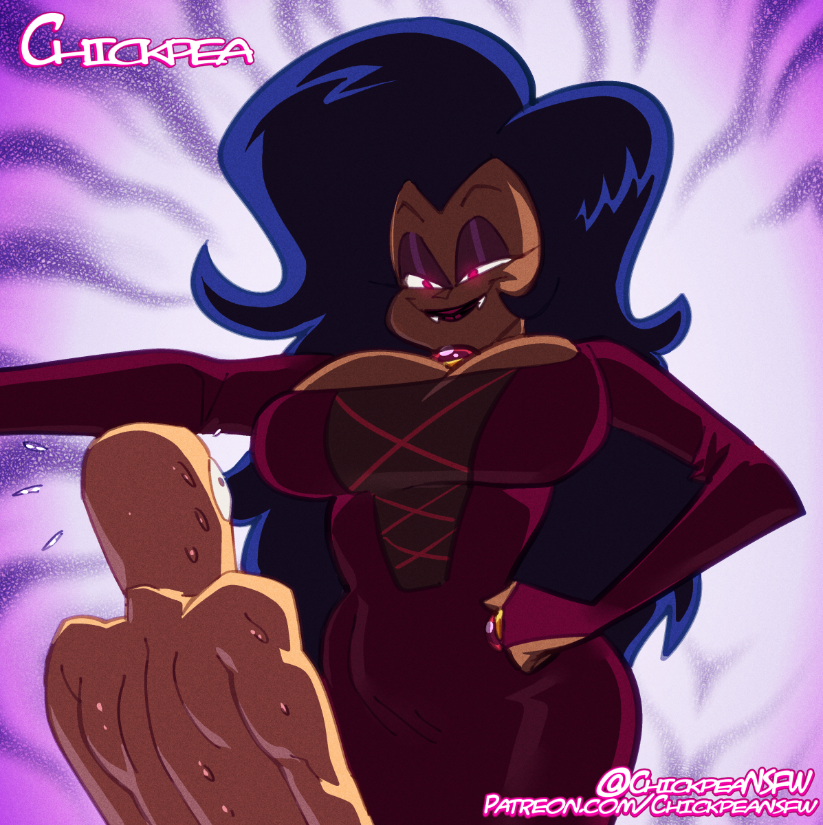1boy, 1girls, 2022, bald male, bedroom eyes, big breasts, breasts, cartoon network, chickpea, clothed female, clothed female nude male, colored, dark skin, dark-skinned female, faceless male, fangs, female, glowing eyes, hand on hip, interracial, kabedon, larger female, long hair, looking down, male, milf, nude, nude male, ok k.o.! let's be heroes, purple background, scared, size difference, smile, sweat, vampire, white skin, wide hips, wilhamena