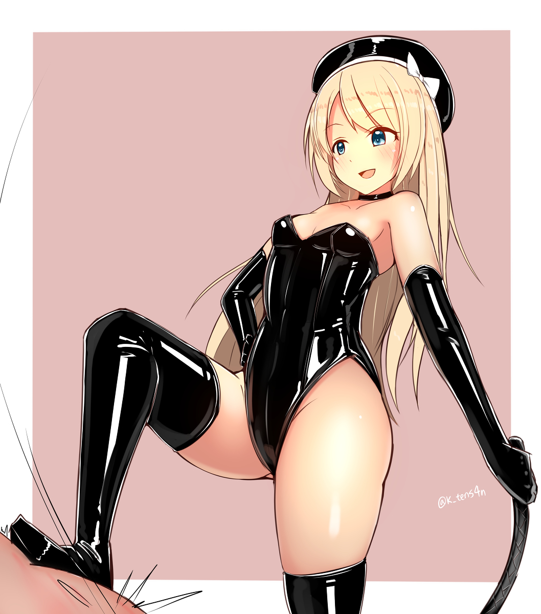 1girls, blonde hair, breasts, choker, dominatrix, female, gloves, green eyes, hand on hip, hat, highleg, highleg leotard, holding whip, jervis (kantai collection), kantai collection, katsuten, latex, latex gloves, latex leotard, latex thighhighs, leotard, long hair, small breasts, stepped on, strapless, strapless leotard, thighhighs, whip, whipping