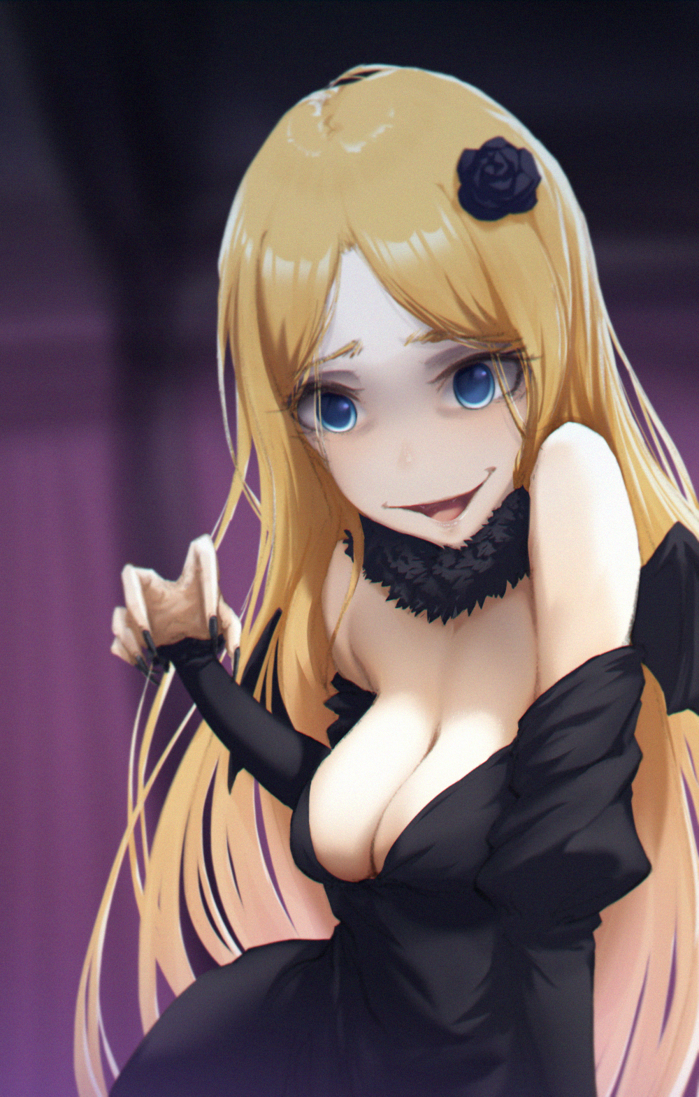 1girls black_clothing blonde_hair blue_eyes breasts cleavage clothing crazed_expression demon_renner female kumo_(876371655) long_hair overlord_(maruyama) renner_theiere_chardelon_ryle_vaiself solo tagme yandere