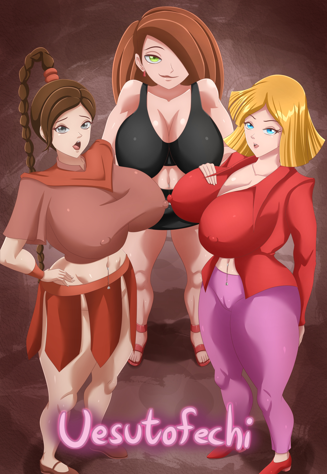 3girls, asymmetrical docking, avatar the last airbender, blonde hair, braided hair, breast focus, breasts, brown hair, cleavage, clothed, clothing, clover (totally spies), crossover, disney, disney channel, erect nipples, erect nipples under clothes, female, female focus, female only, full body, fully clothed, hands on hips, huge breasts, kim possible, kimberly ann possible, large breasts, looking at viewer, magnificentsexygals, multiple females, multiple girls, navel piercing, nickelodeon, nipple bulge, nipple piercing, nipples, nipples visible through clothing, orange hair, pierced belly button, piercing, pokies, seductive, seductive look, seductive smile, skirt, standing, totally spies, ty lee