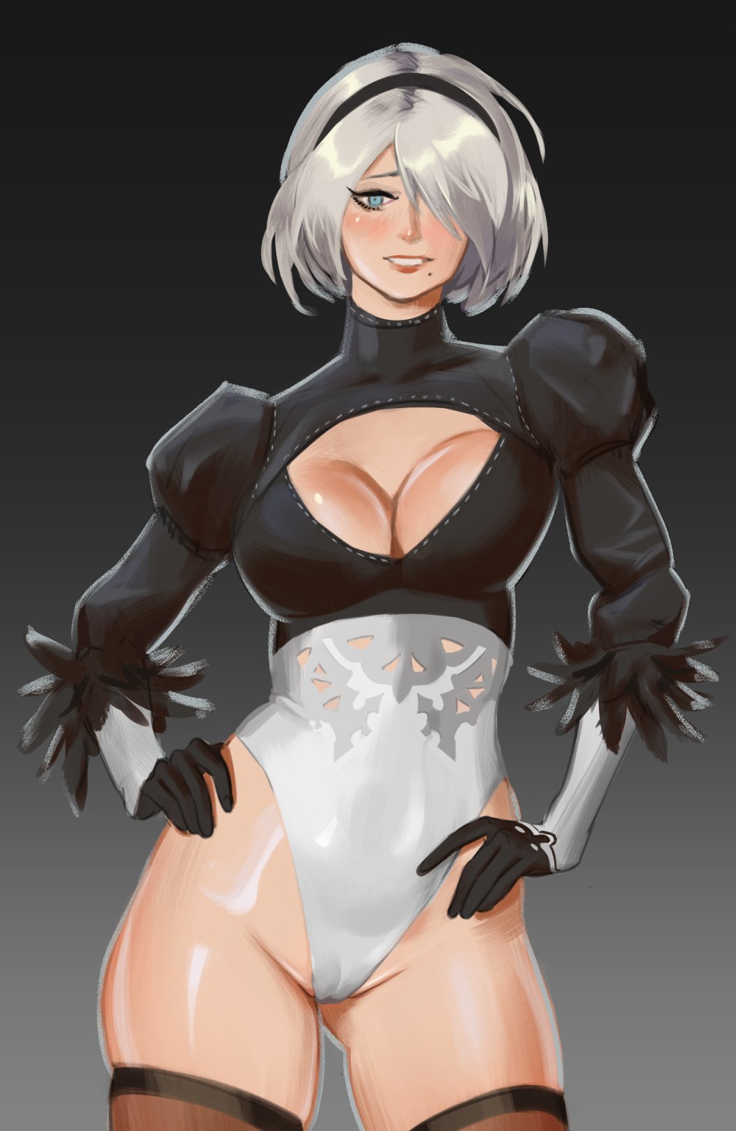 1girls, big breasts, boob window, breasts, cameltoe, female, female only, light skin, light-skinned female, milkjam, nier: automata, pussy, smile, thick thighs, yorha 2b