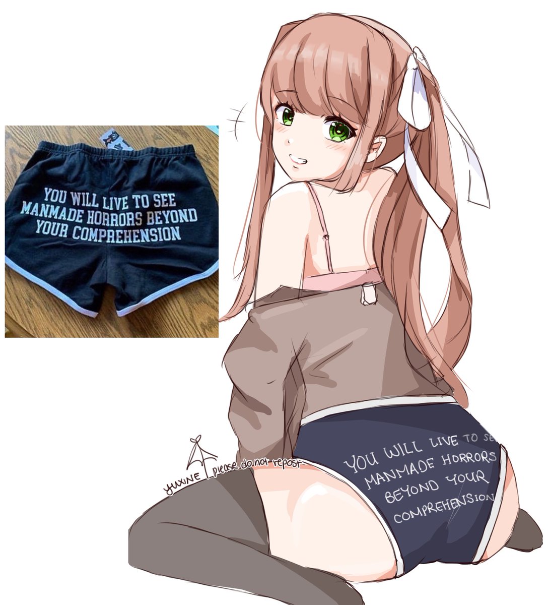 bow bra bra_strap bra_straps brown_hair doki_doki_literature_club green_eyes looking_at_viewer meme monika_(doki_doki_literature_club) panties pink_bra ponytail school_uniform sitting text text_on_panties text_on_underwear uniform white_background white_bow white_text yuxine