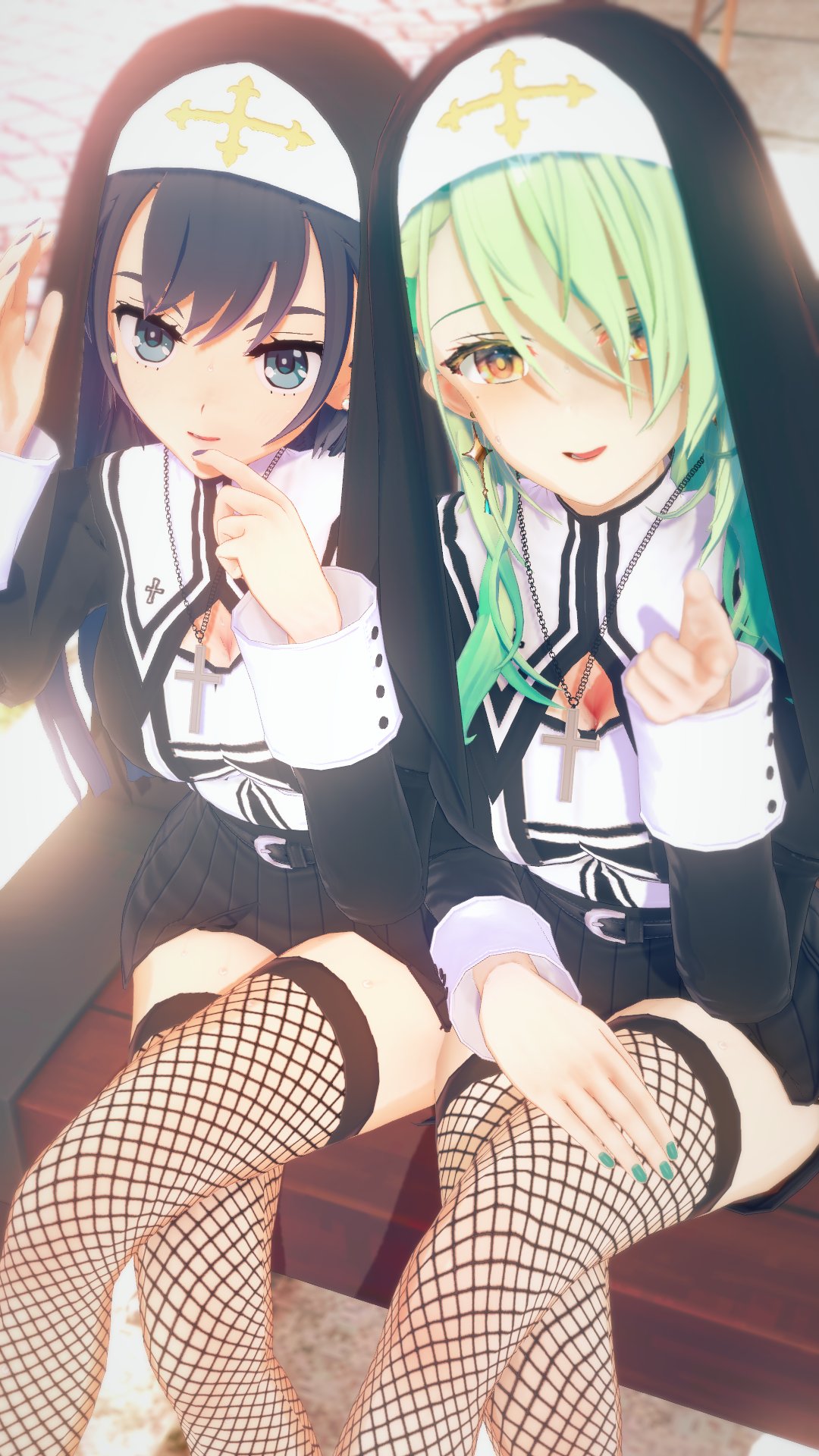 2022, 2girls, black hair, blue eyes, ceres fauna, cross, female, female only, fishnets, green eyes, green hair, halloween, hololive, hololive english, hololive english -council-, hololive english -promise-, light skin, light-skinned female, lissette, lissetteskd, long hair, nun, nun outfit, ouro kronii, outside, virtual youtuber, yellow eyes