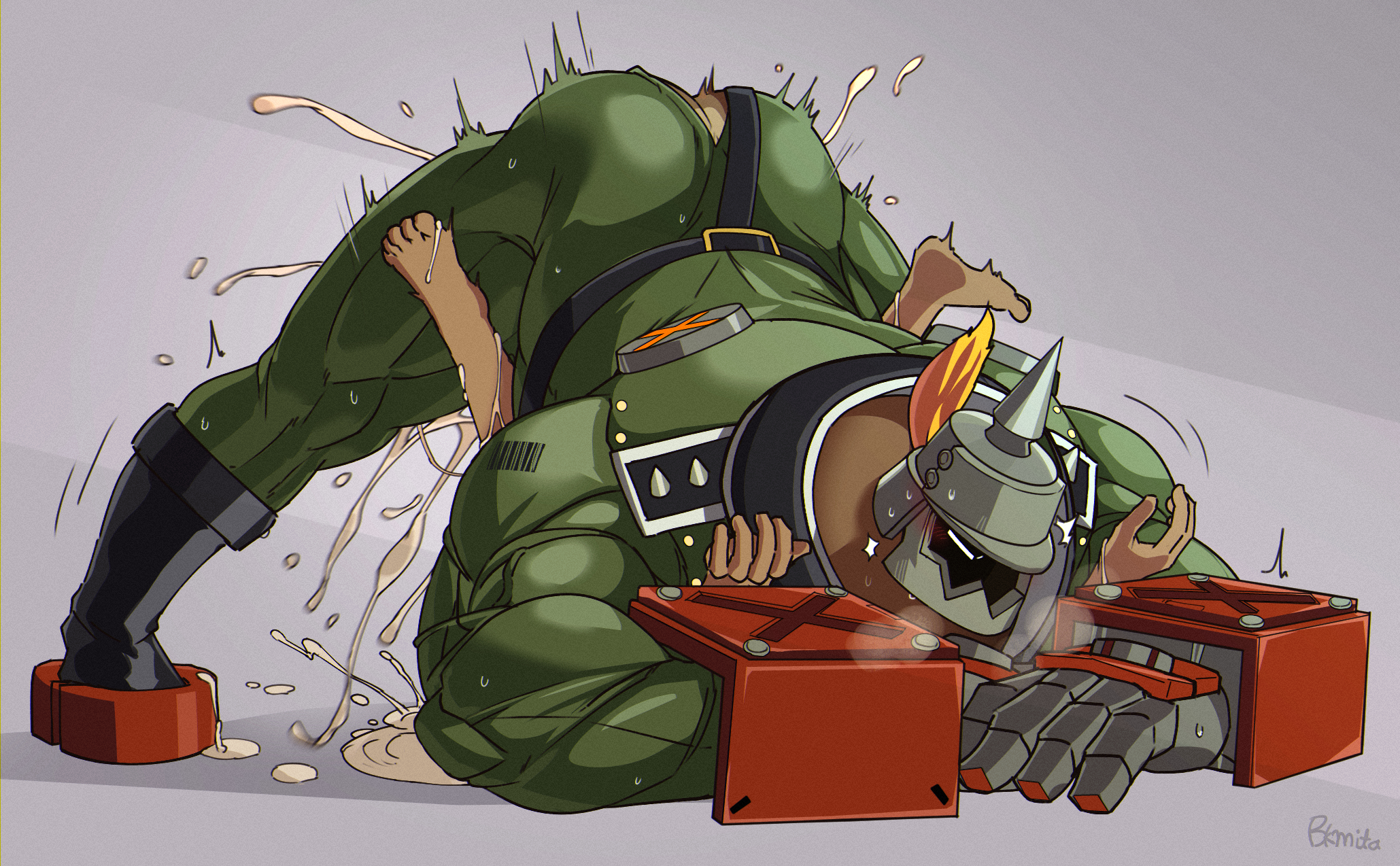 anonymous, ass, bara, big muscles, bk mita, cum, fully clothed, gay, guilty gear, helmet, jack-o pose, male, male only, muscles, muscular, orgasm, potemkin, sex, steamy breath, yaoi