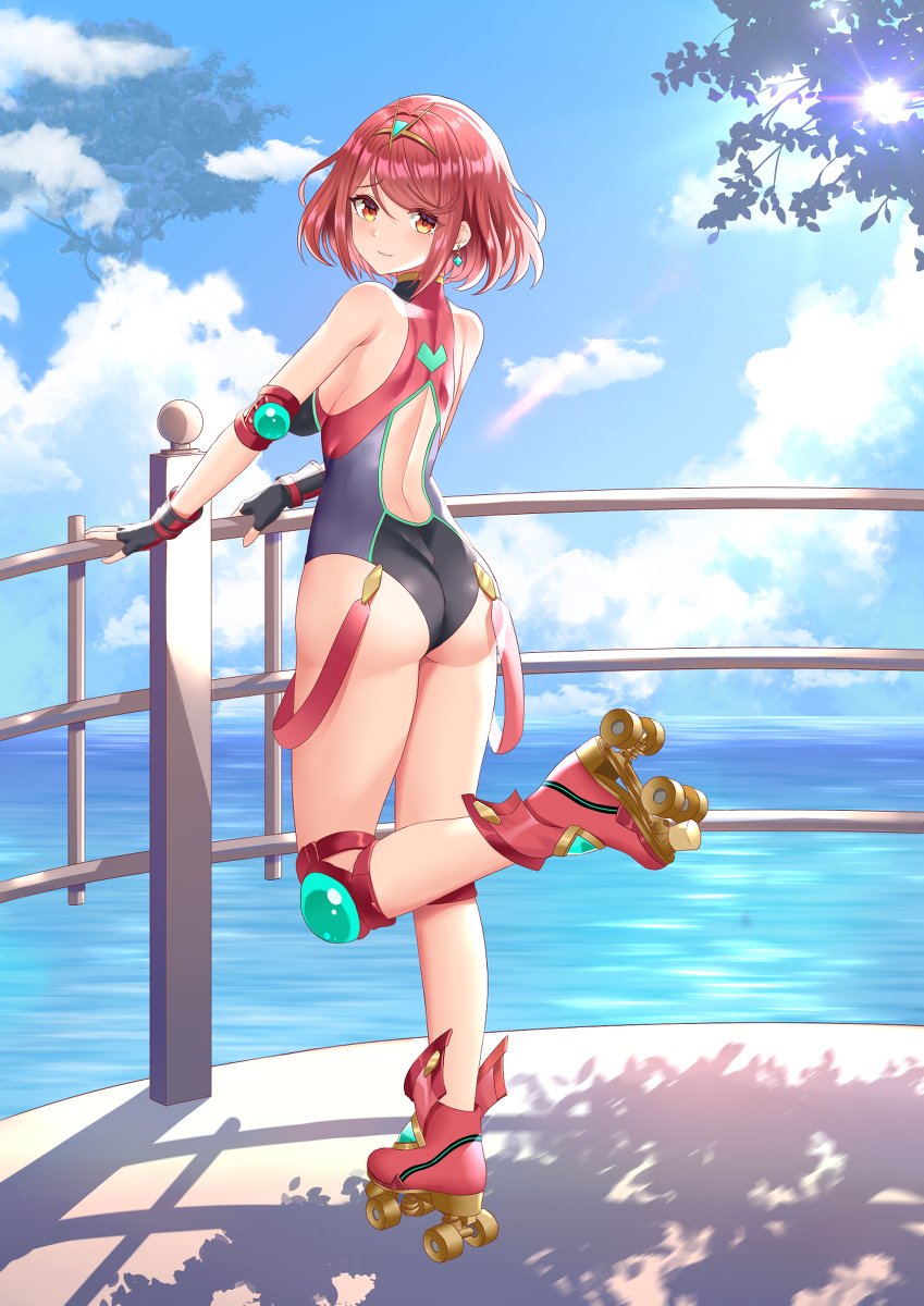 1girls ass breasts clouds earrings elbow_pads fingerless_gloves gloves knee_pads large_breasts looking_at_viewer nintendo okazakileo one-piece_swimsuit outside pyra red_eyes red_hair roller_skates short_hair sky standing_on_one_leg swimsuit tiara trees water xenoblade_(series) xenoblade_chronicles_2 汐蓝团