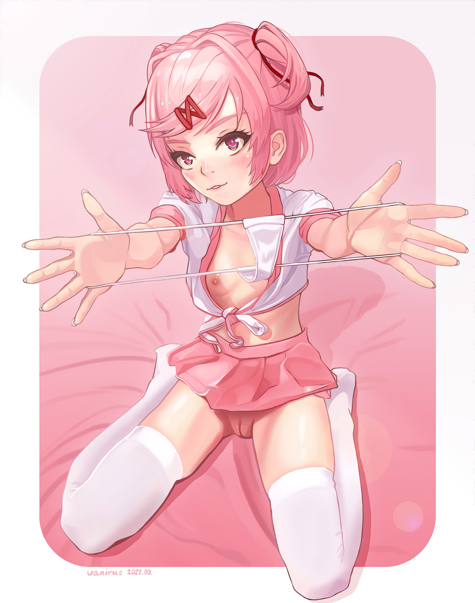 1girls, 5 fingers, braless, breasts, doki doki literature club, female, female only, fingernails, holding panties, miniskirt, natsuki (doki doki literature club), nip slip, nipple slip, nipples, no bra, no pubic hair, panties, pink eyes, pink hair, pink skirt, pussy, skirt, small breasts, solo, thong, twintails, used thong, used underwear, vagina, vanirus, white thong