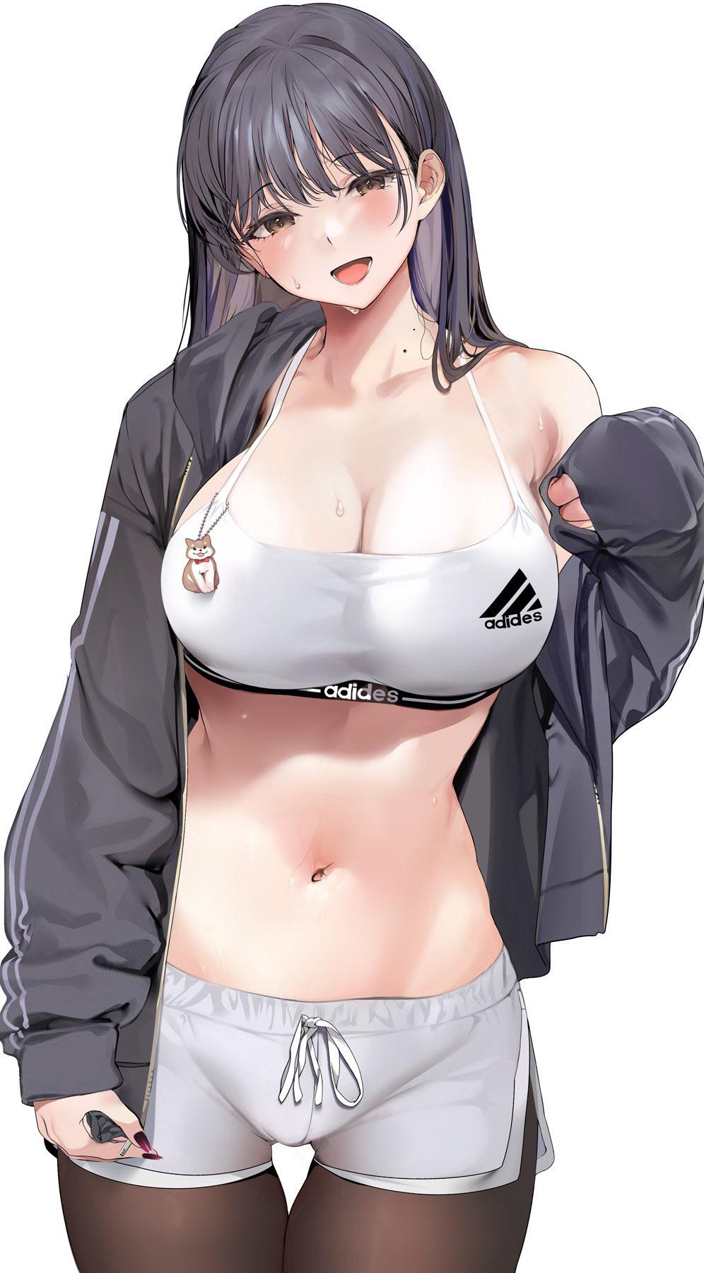big breasts, black hair, blush, blushing, breasts, cleavage, crop top, female, hoodie, hourglass figure, huge breasts, long hair, looking at viewer, marushin (denwa0214), navel, off shoulder, open mouth, short shorts, sweat, sweatdrop, thick thighs