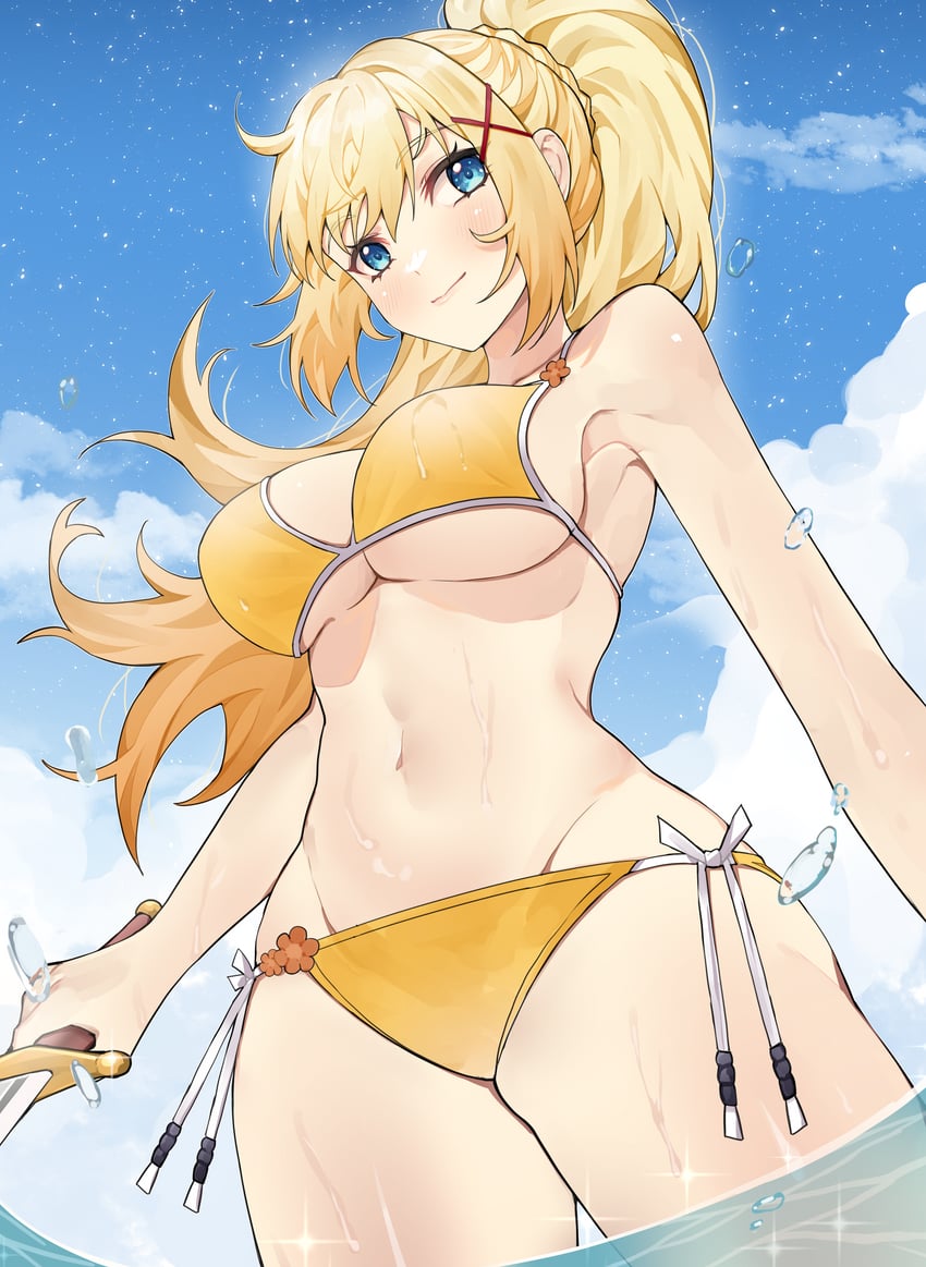 1girls, ai-nohikari, bangs, big breasts, bikini, blonde hair, blue eyes, braid, breasts, darkness (konosuba), female, hair between eyes, hair ornament, holding, holding sword, holding weapon, kono subarashii sekai ni shukufuku wo!, large breasts, long hair, ponytail, smile, solo, swimsuit, sword, very long hair, weapon, wet, x hair ornament, yellow bikini