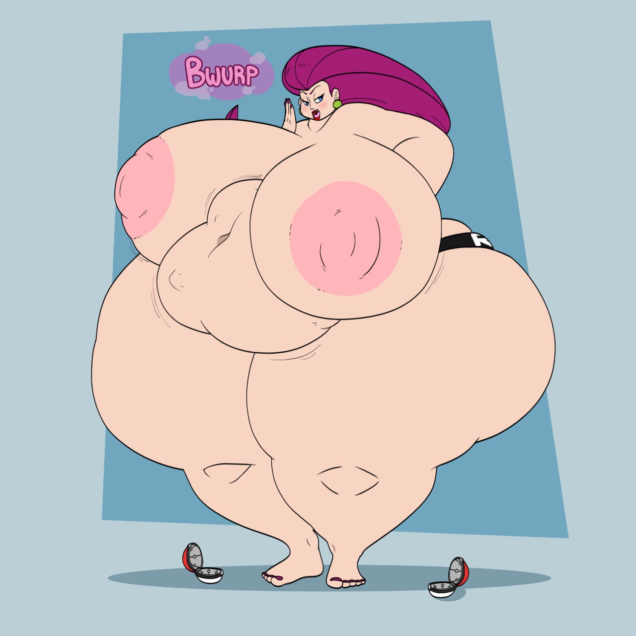 1girls, ass, barefoot, bbw, belly, belly bulge, big ass, big belly, big breasts, breasts, burp, burping, female, female pred, huge ass, huge breasts, huge hips, hyper, hyper ass, hyper hips, jessie (pokemon), nipples, pokemon, smappa, thick thighs, vore, weight gain, wide hips