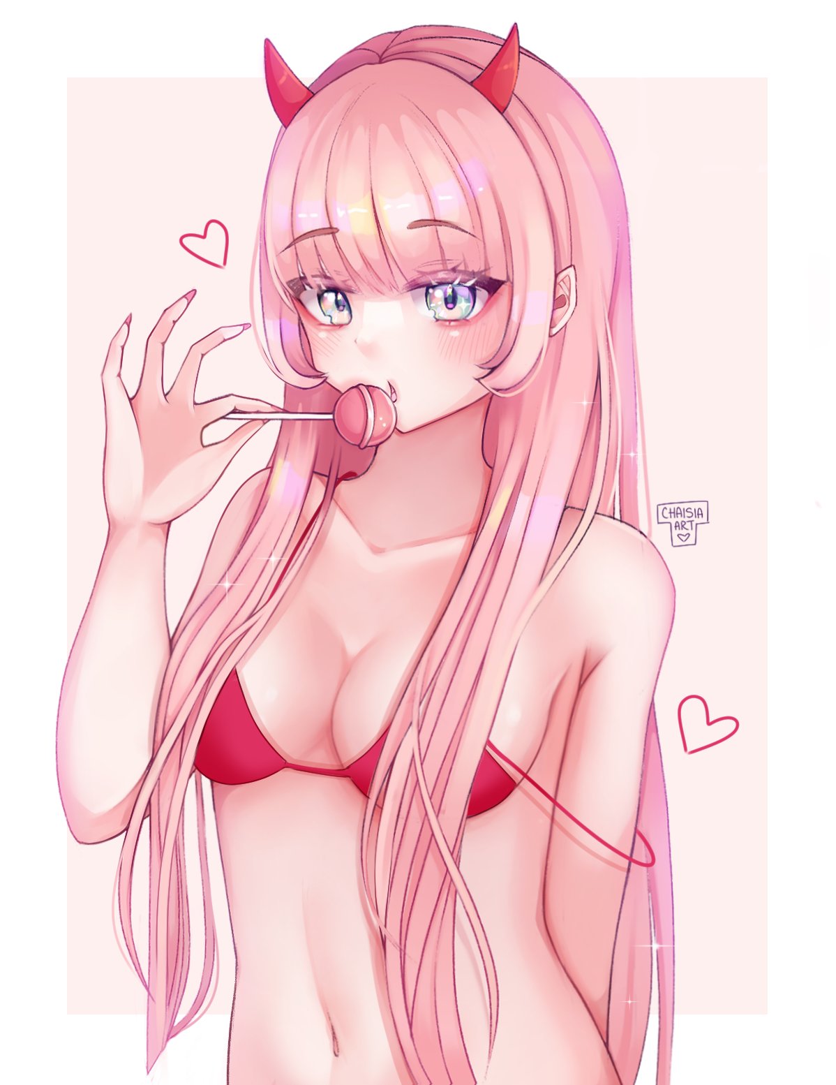 1girls, belly button, bikini, blue eyes, breasts, chaisia, darling in the franxx, female, horns, lollipop, long hair, navel, pink hair, solo, tagme, upper body, zero two (darling in the franxx)