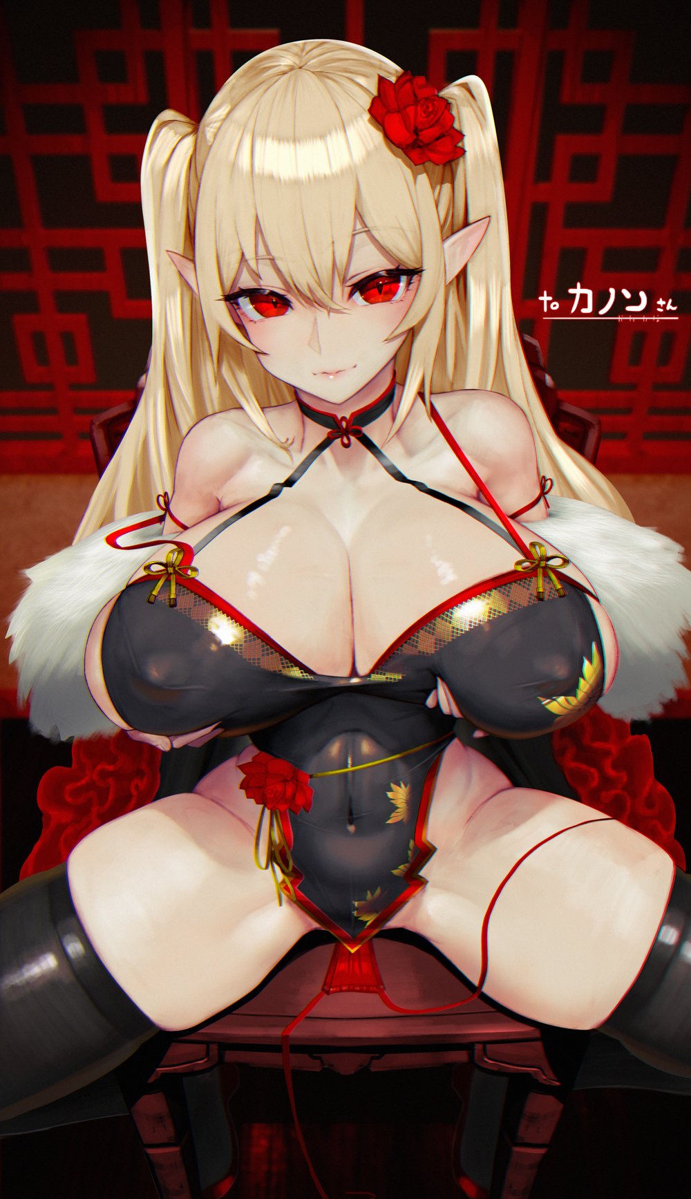 1girls blonde_hair breast_grab breasts cleavage commission commission_art female hips hiragana_oufu huge_breasts light-skinned_female light_skin long_hair oc original_character pointy_ears red_eyes skeb_commission thick_thighs thighhighs thighs twintails wide_hips