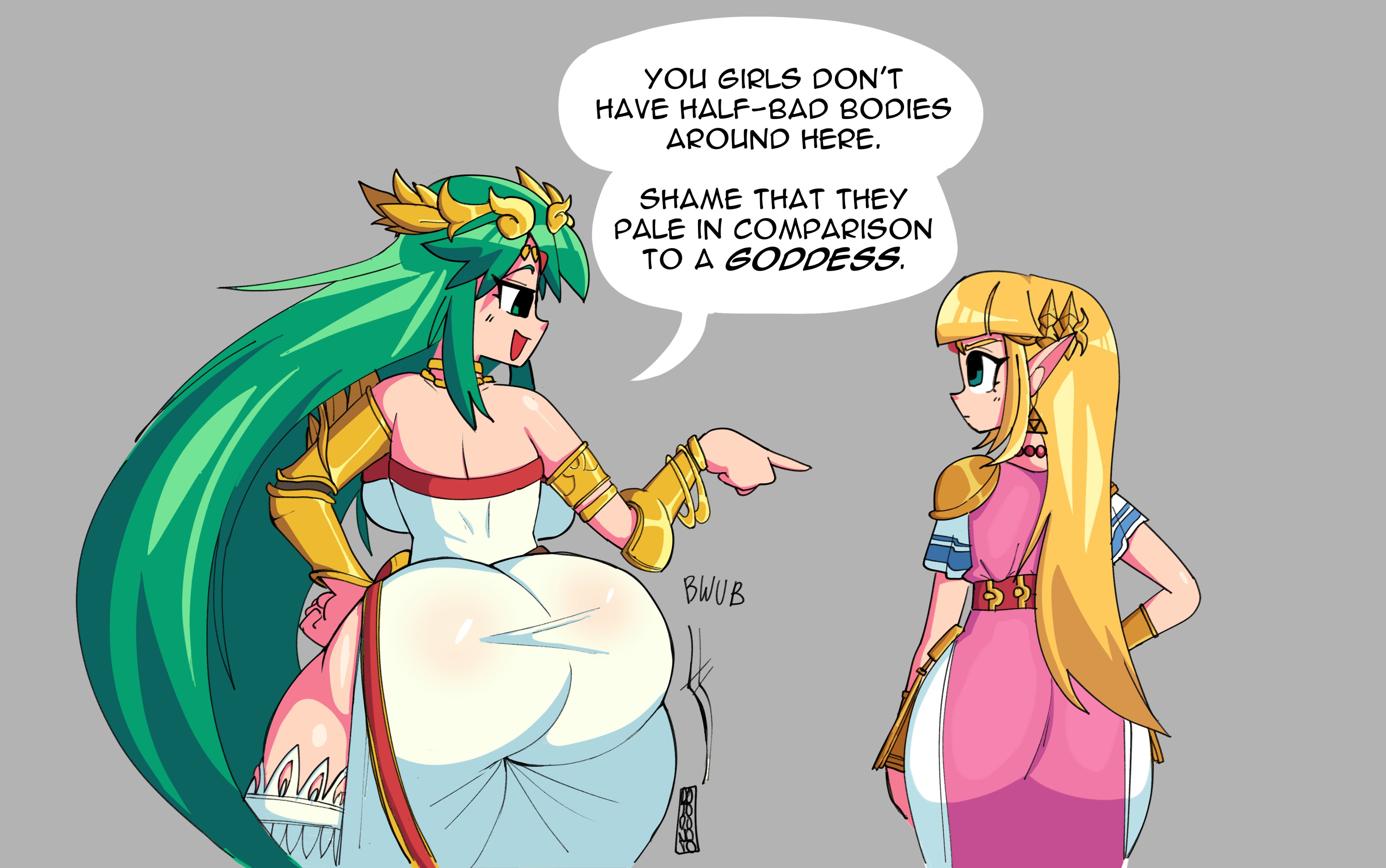 2girls, a link to the past, ass, ass focus, ass in dress, big ass, big butt, blonde hair, blue eyes, bottom heavy, bragging, bubble ass, bubble butt, cocky, company connection, crossover, dotodonoto, dress, fat ass, female, goddess, green eyes, green hair, hammerspace, haughty face, huge ass, hyper, hyper ass, kid icarus, long hair, massive ass, multiple females, multiple girls, nintendo, palutena, princess zelda, smirking, smug, super smash bros., tagme, taunting, the legend of zelda, thick thighs, zelda (a link between worlds), zelda (a link to the past)