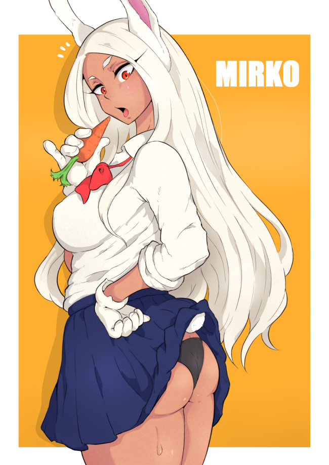 1girls, animal ears, animal tail, ass, big ass, blush, breasts, bunny ears, bunny girl, bunny tail, carrot, character name, dark skin, dark-skinned female, female, female focus, food, from behind, gloves, gyaru, holding food, holding object, kakisu, legs together, long hair, looking at viewer, looking back, miruko, my hero academia, neck ribbon, open mouth, panties, pantyshot, pinup, red eyes, ribbon, round ass, rumi usagiyama, school uniform, schoolgirl, shirt, sideboob, skirt, sweat, sweatdrop, text, thick thighs, underwear, upskirt, vegetable, very long hair, white fur