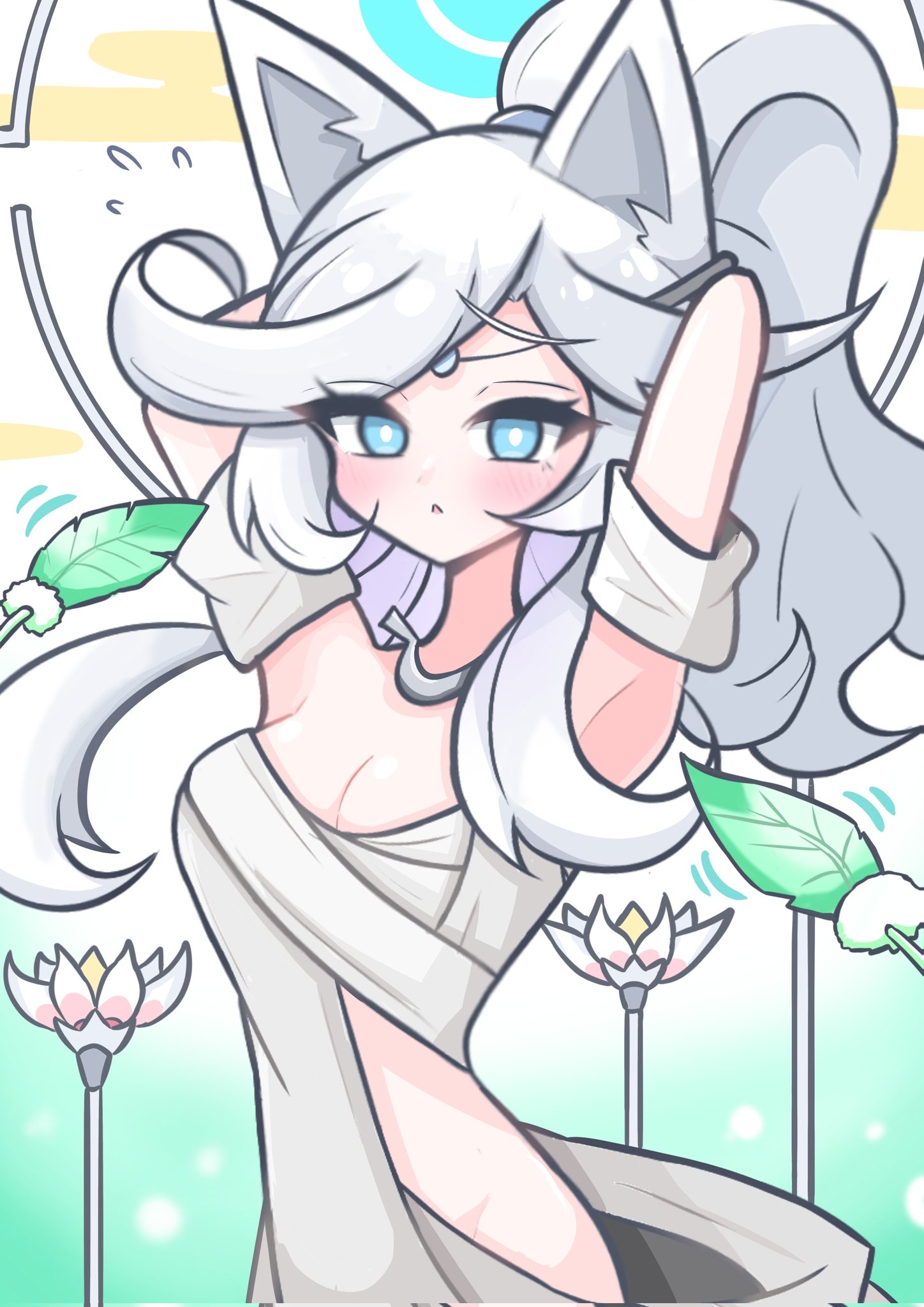 bandage, big breasts, blue eyes, breasts, cat ears, embarrassed, female, flower, konpee, long hair, lunasha (battle cats), ponytail, salvations daughter lunacia, the battle cats, thighs, white hair