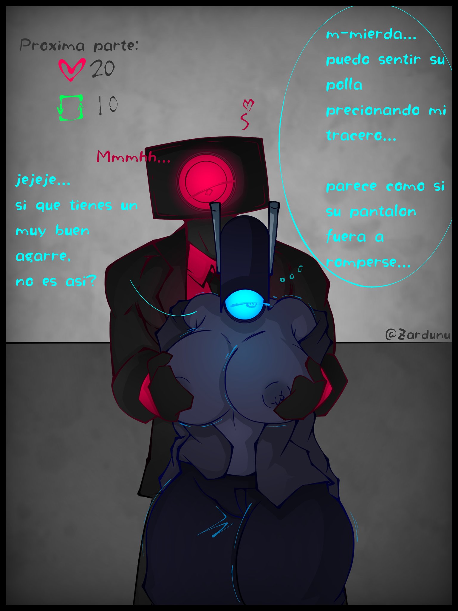 1boy, 1girls, big breasts, big hips, breasts, camera head, camerawoman (skibidi toilet), dark speakerman, female, male, robot, skibidi toilet, spanish text, speaker