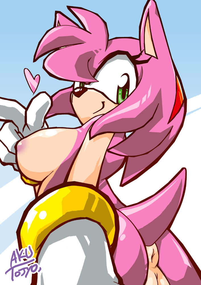 amy_rose anus ass beige_skin big_breasts breasts color female female_only fur furry green_eyes hair hedgehog looking_at_viewer mobian over_shoulder pink pink_fur pink_hair pov puffy_anus pussy short_hair short_tail sideboob skin solo sonic_(series) standing tail tojyo