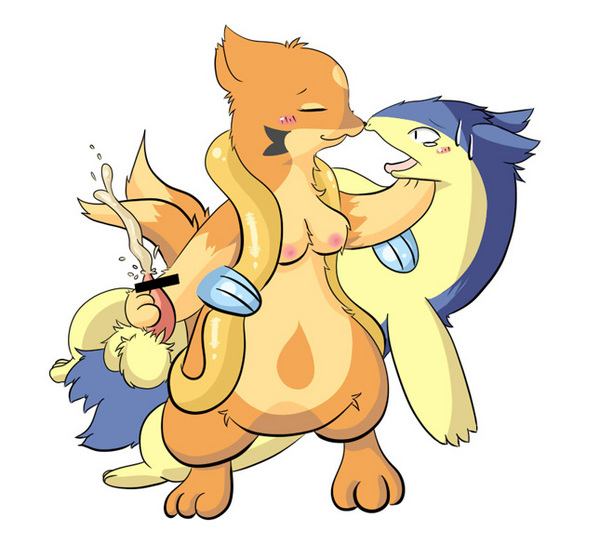 balls breasts censored cum cumshot female floatzel fur kify male multiple_tails nintendo orange orgasm penis pokemon pokemon_(species) straight tail tan typhlosion