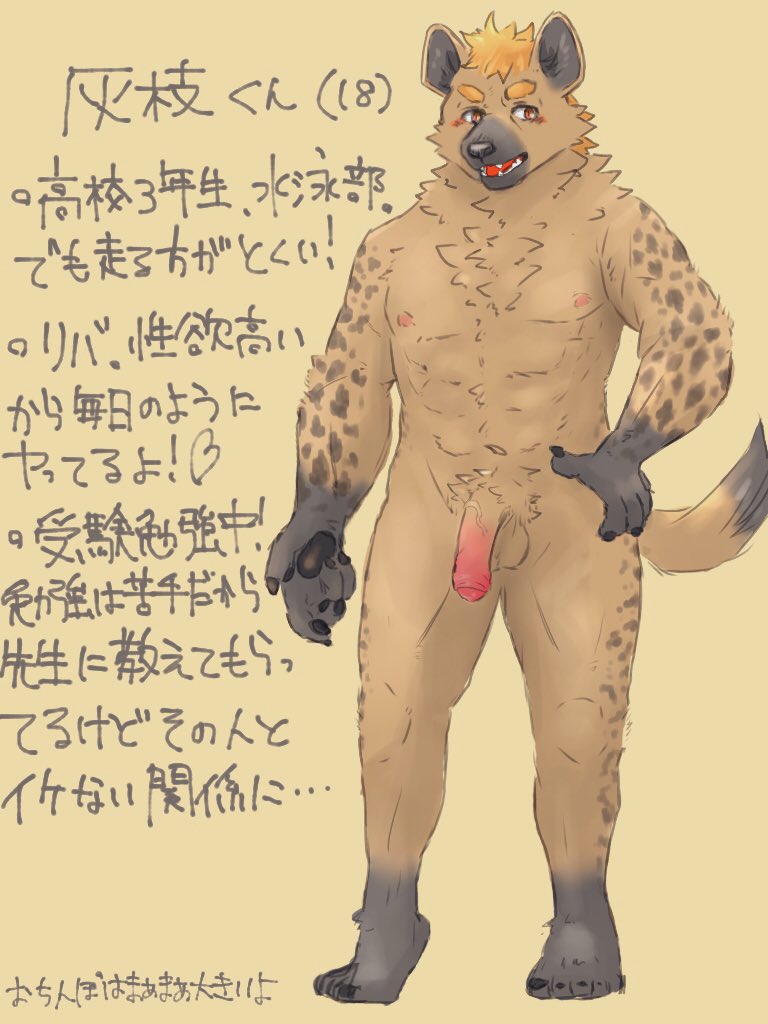 2021 5_fingers 5_toes anthro balls black_body black_fur blush cheeky claws eyebrows fangs feet fingers foreskin fur genitals hair humanoid_genitalia humanoid_penis hyena japanese_description japanese_text kannepaz looking_at_viewer male mammal open_mouth pawpads penis simple_background solo tail teeth text toes translation_request vein veiny_penis yellow_background yellow_eyes