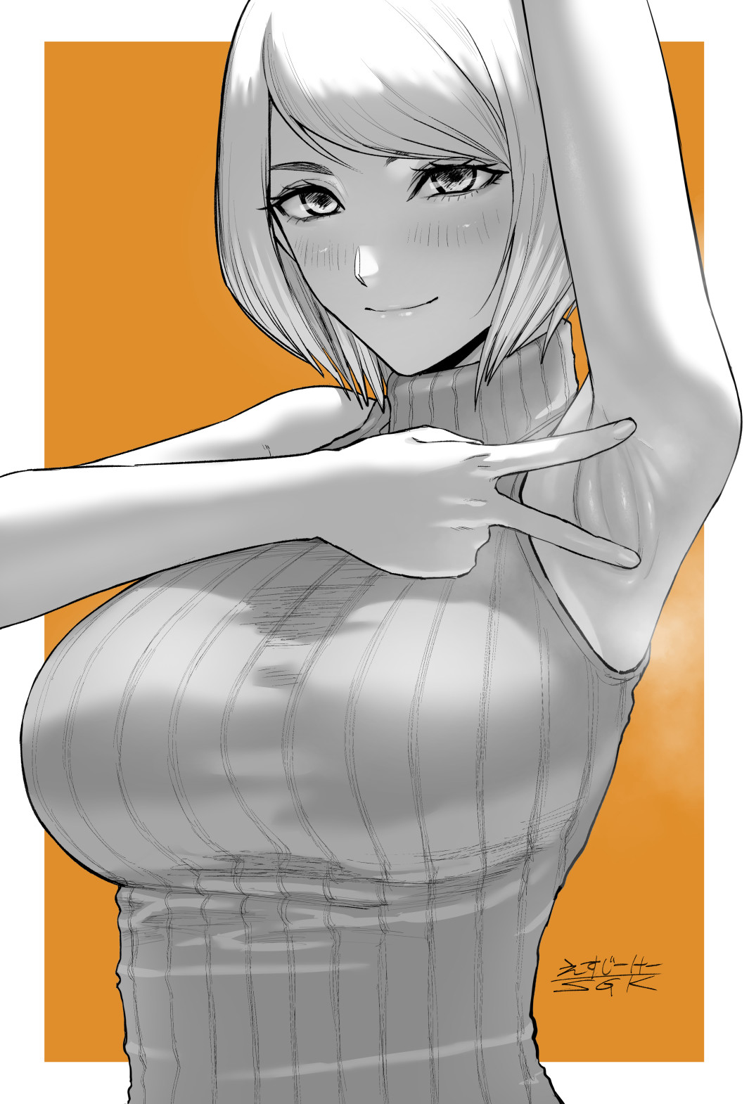armpit fetish, armpits, ashley graham, ashley graham (ella freya), blush, breasts, female, highres, knitted sweater, large breasts, looking at viewer, monochrome, resident evil, resident evil 4, resident evil 4 remake, sgk, shirt, short hair, sleeveless, sleeveless sweater, sleeveless turtleneck, smile, solo, turtleneck
