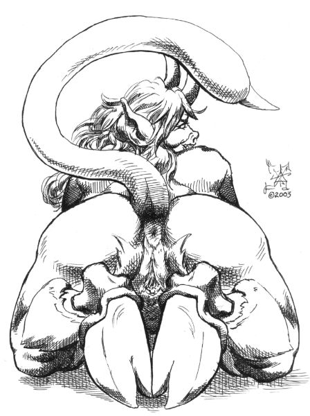 1girls 2003 anus ass back big_butt chubby demon drawn female from_behind hooves horns looking_back monochrome nude portia presenting pussy raised_tail sawblade_(artist) solo spread_legs spreading tail unknown_species wide_hips